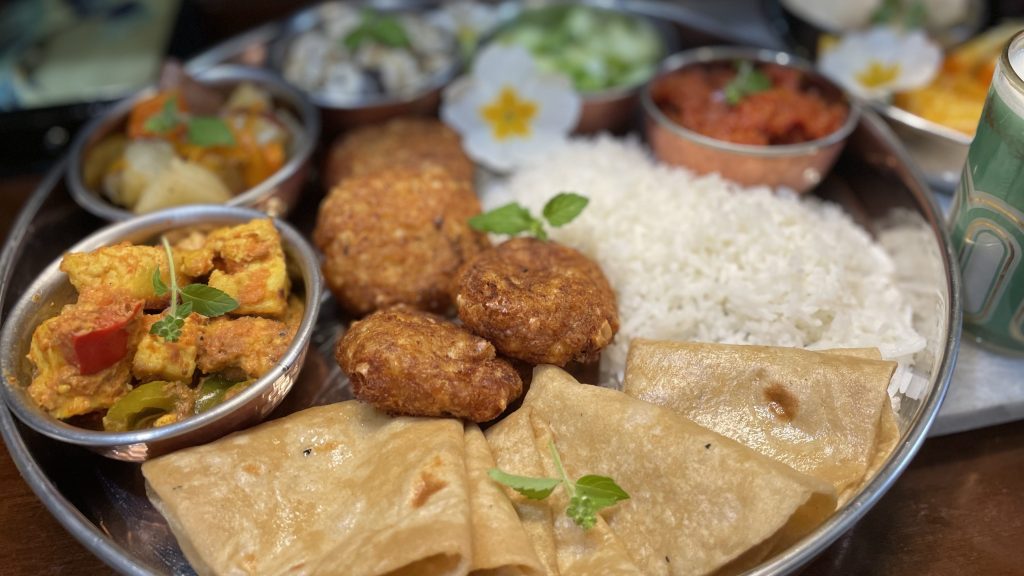 Big plate of Indian food.